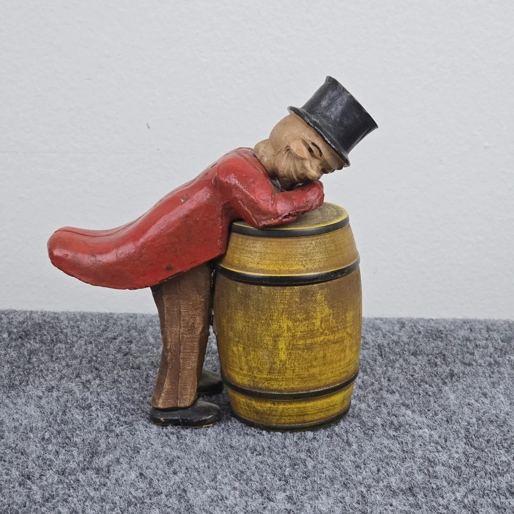 Vintage Mid Century Wood Figural Man Barrel‎ Trinket Box Folk Art